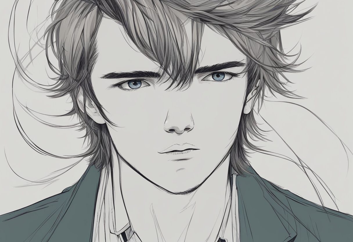 A disheveled, asymmetrical fringe on a man's haircut. Strands of hair stick out in different directions, creating a messy and unkempt appearance