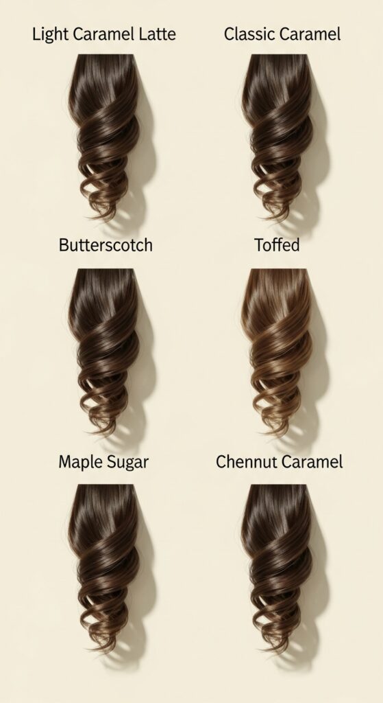 Six caramel balayage shade swatches on a neutral background, from light caramel latte to chestnut caramel.