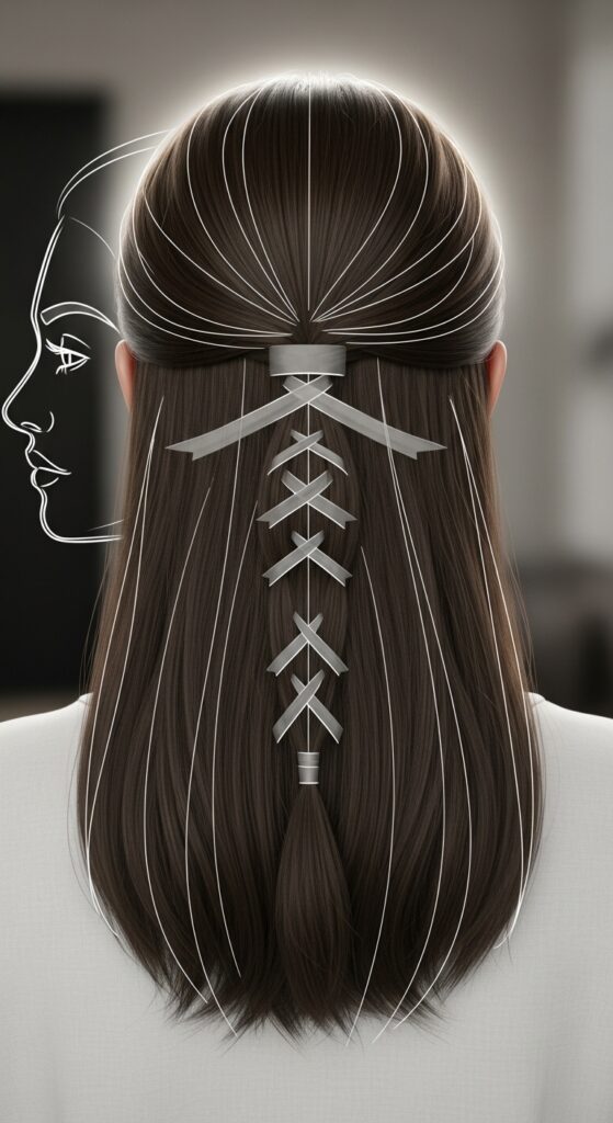 Hair placement map showing face-framing highlights, halo lights, and mid-length ribbons on a brunette.