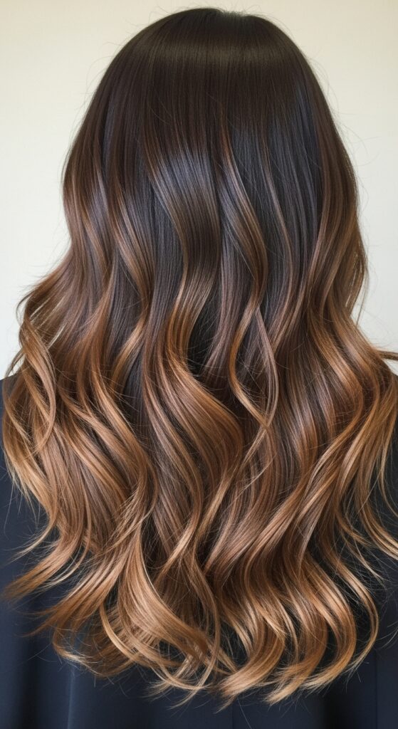 Long brunette hair with toffee caramel concentrated at the ends.