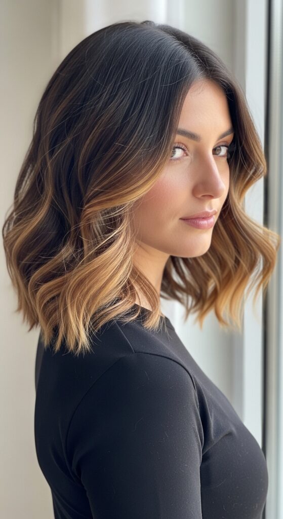 Medium brunette hair with classic caramel balayage.