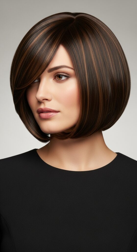 Short brunette bob with micro caramel ribbons.